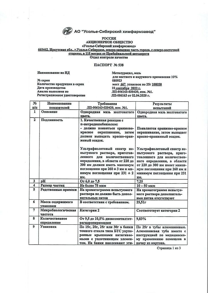 Метилурацил мазь для местного и наружного применения 10 % туба 25 г 1 ...