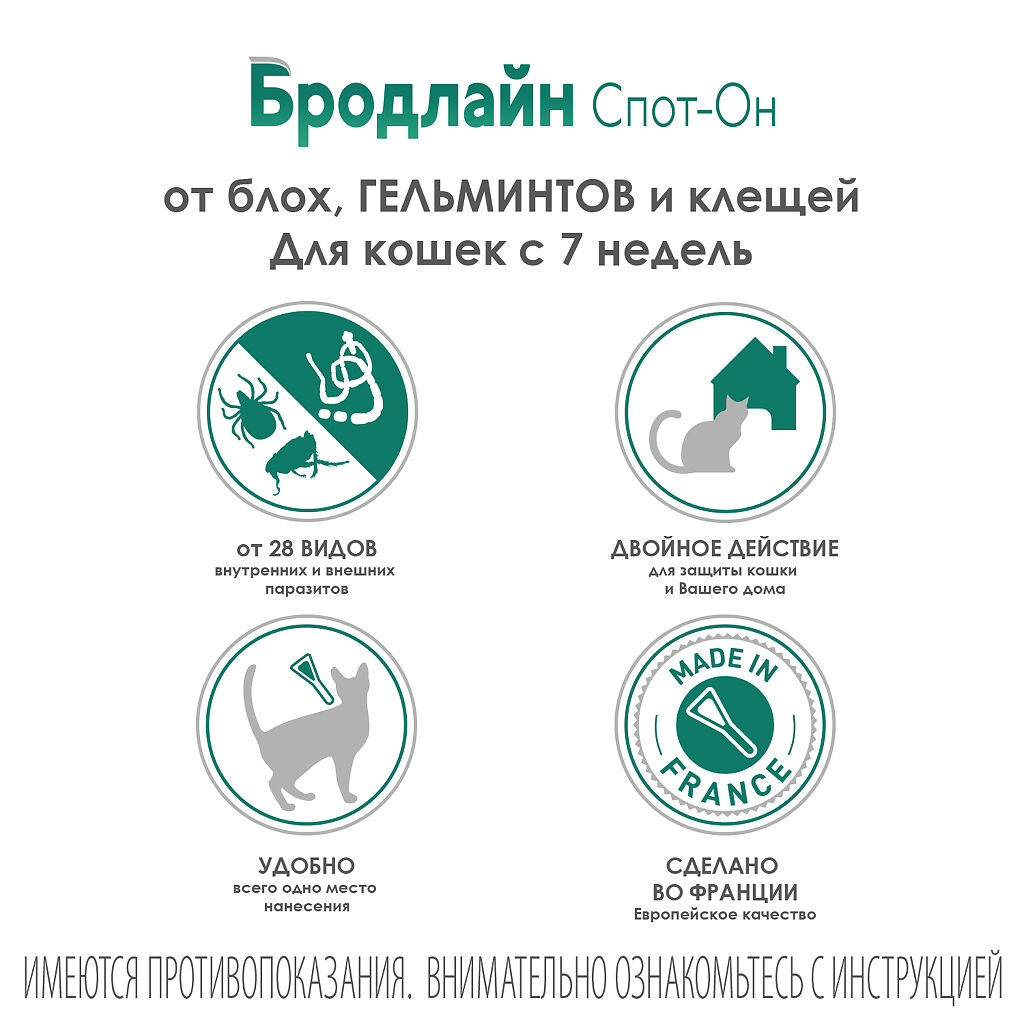 Бродлайн Спот Он капли на холку для кошек 2.5-7,5 кг раствор для ...
